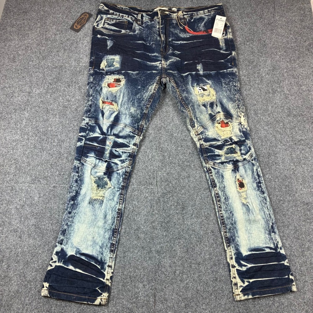 FWRD Denim Mens 40x32 Slim Fit Distressed Acid Wash Plaid Patch Moto Jeans NEW‎
